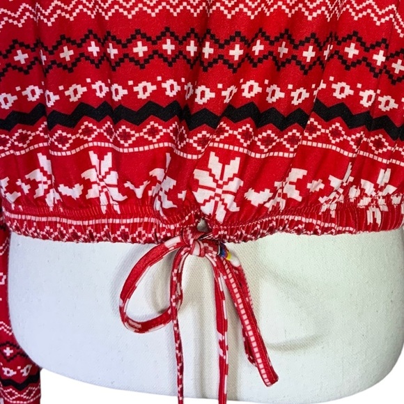 Christmas Crop Top Holiday Tee Blouse Shirt Long Sleeve Stretchy Red White 1XL - Picture 8 of 16
